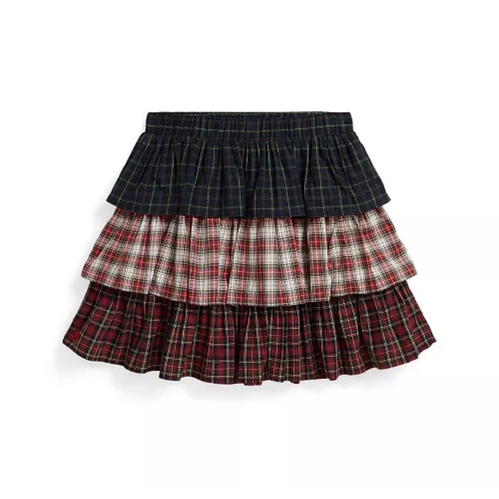 Polo Ralph Lauren Girls Plain Tiered Poplin Red/Green/White Skirt, Medium NWT